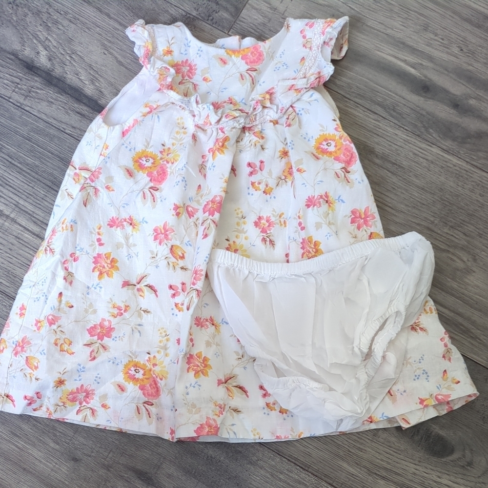 Janie and Jack Baby Floral Ruffle Dress Linen Blend Jet Ivory Floral Sz‎ 12/18m
